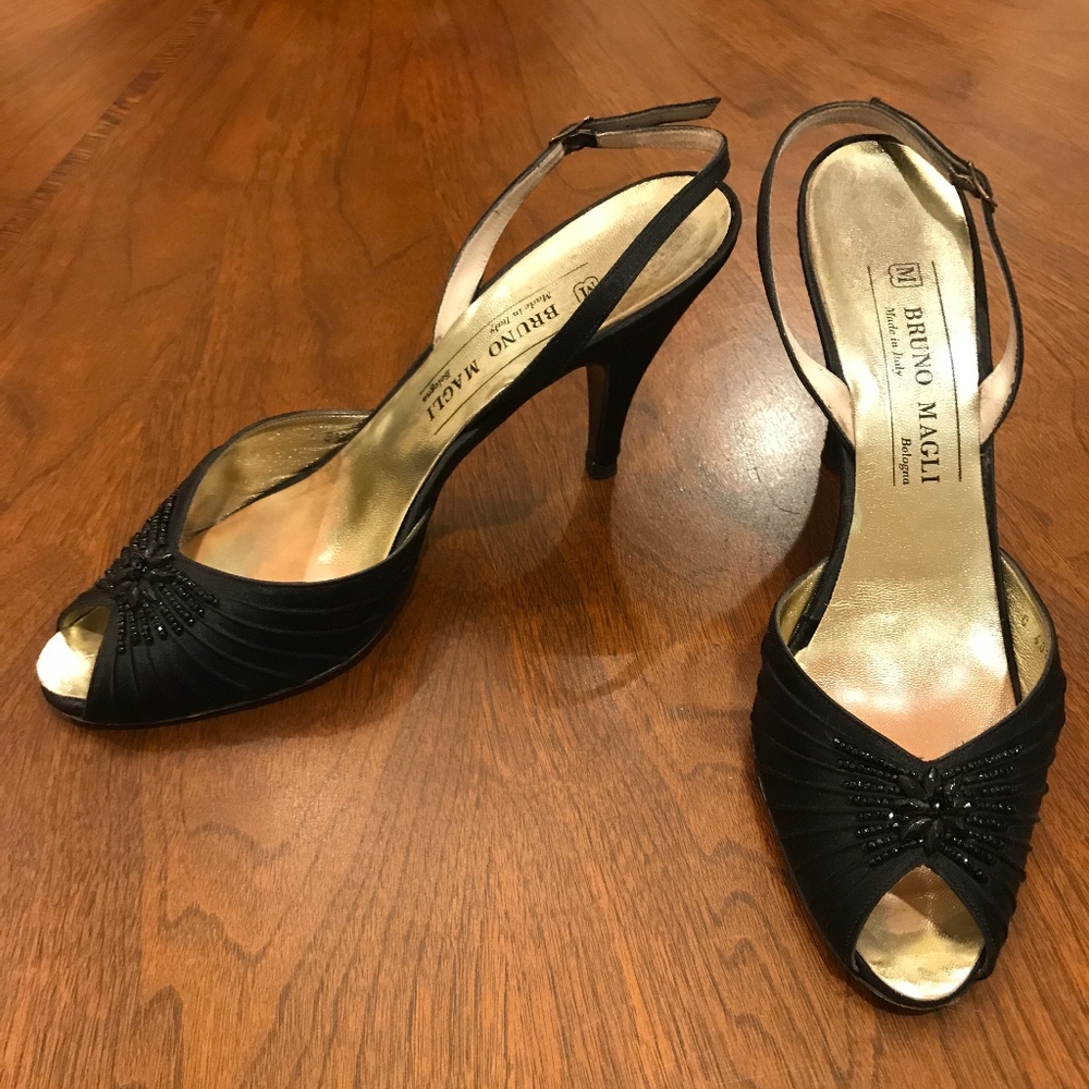 Black Satin Beaded Slingback Heels